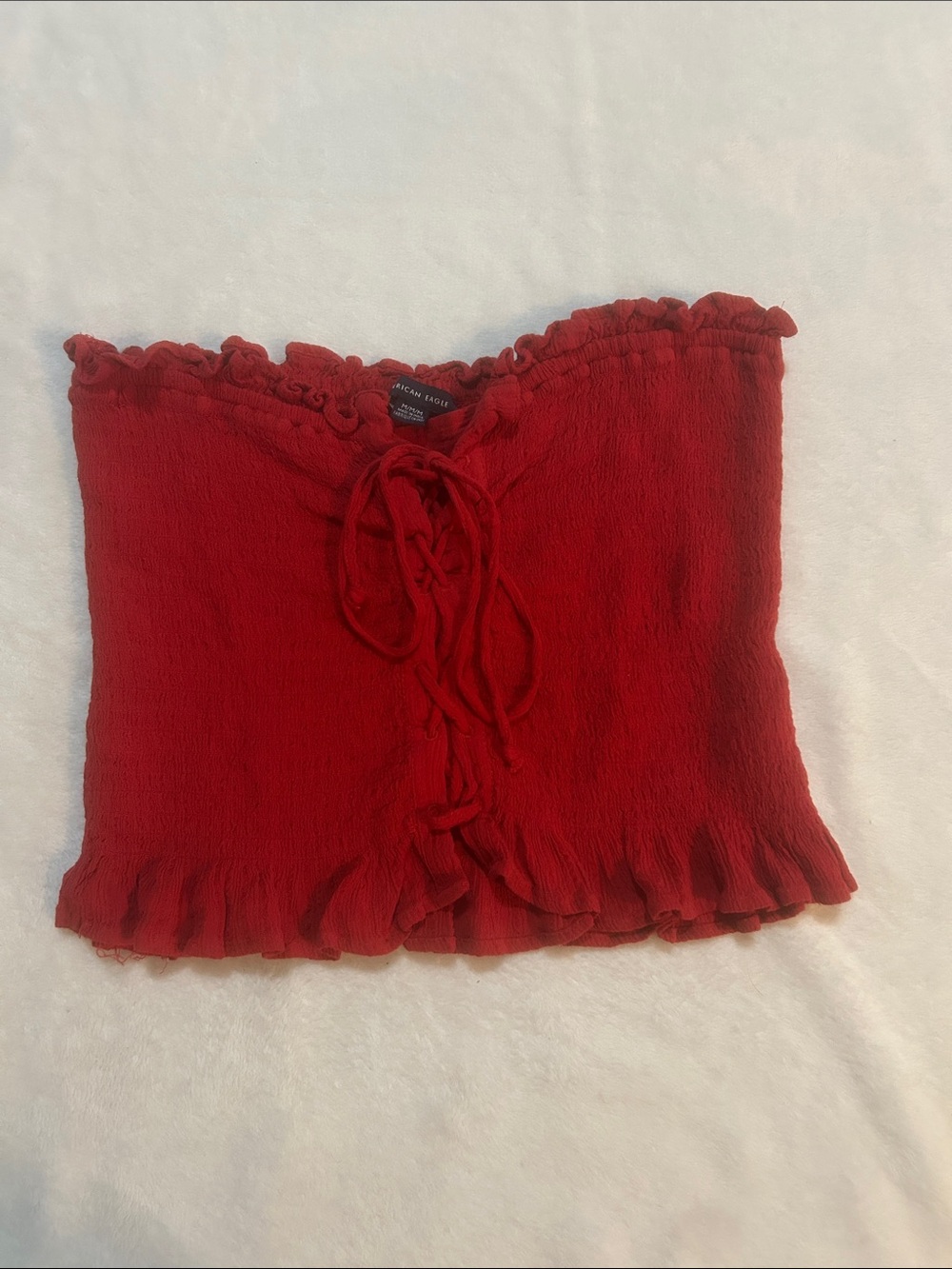 American Eagle Women’s Shirt Red Ruffled Lace Up Strapless Crop Top -Size Medium